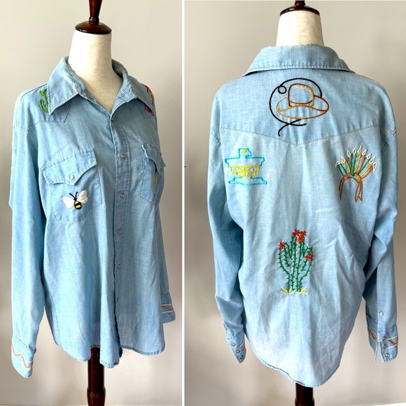 Vintage! Western Sewn Embroidered Light Blue Chambray Denim Shirt - Picture 1 of 14
